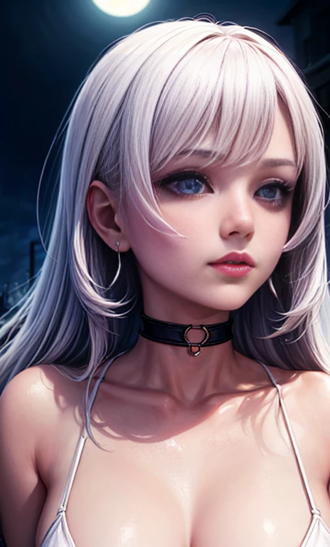 Depth of bounds written, detailed eye, ((CG illustration)), ((face focus)), ((masterpiece)), ((8K)), ((super detailed)), ((Super high quality)), ((cinematic)), ((Photoreal)), ((close up shot)), (solo), (cool girl), very long hair, straight hair, (((thin body))), Glossy skin, ((look away)), (Beautiful goth girl with high cheeks and legs), Gothic makeup, clear eyes, lipstick, dark eye shadow, ((No bra)), choker, earrings, provoke, night, ((full moon)), ((Functional)), Lonely, Visual kei, ((pastel colour)), Unwound clothes, forget, kiss, White Knight, dark, silence