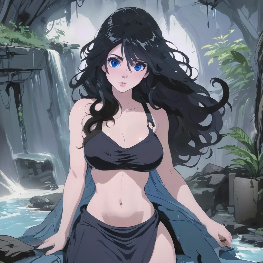 Ralph Bakshi Style, Curvy blue eyed girl with long wavy black hair and small breasts, nudity1.5, (extreme nsfw)2.5, torn tanktop, (tits out)1.5, lewd