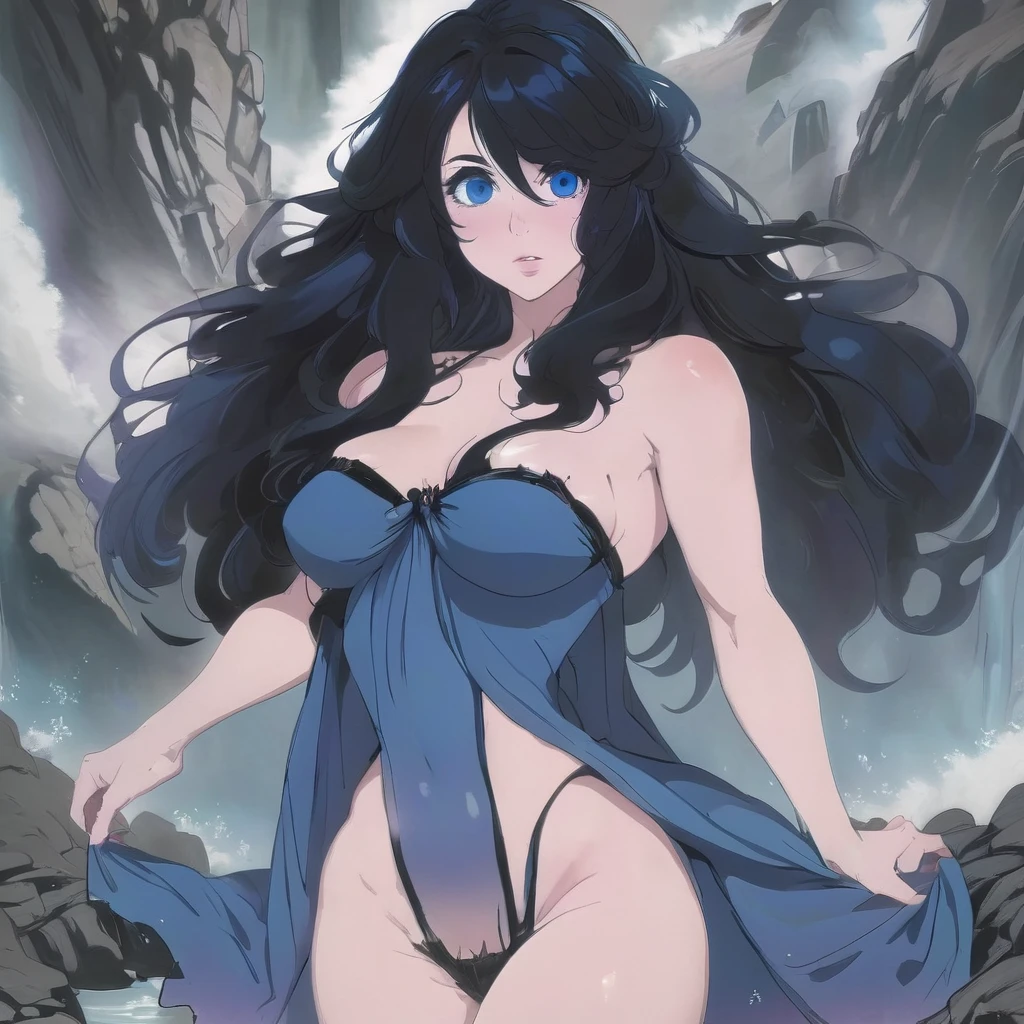 Ralph Bakshi Style, Curvy blue eyed girl with long wavy black hair and small breasts, nudity1.5, (extreme nsfw)2.5, torn tanktop, (tits out)1.5, lewd