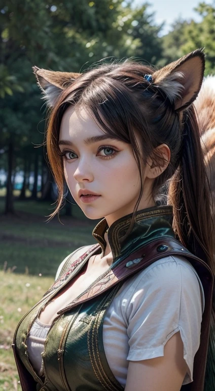 Girl 23 years old, fox hybrid with 3 tails, Plethora of colors reminiscent of summer, RPG medieval, clear face ,greeneyes, shorth hair, cropped , medieval clothing 