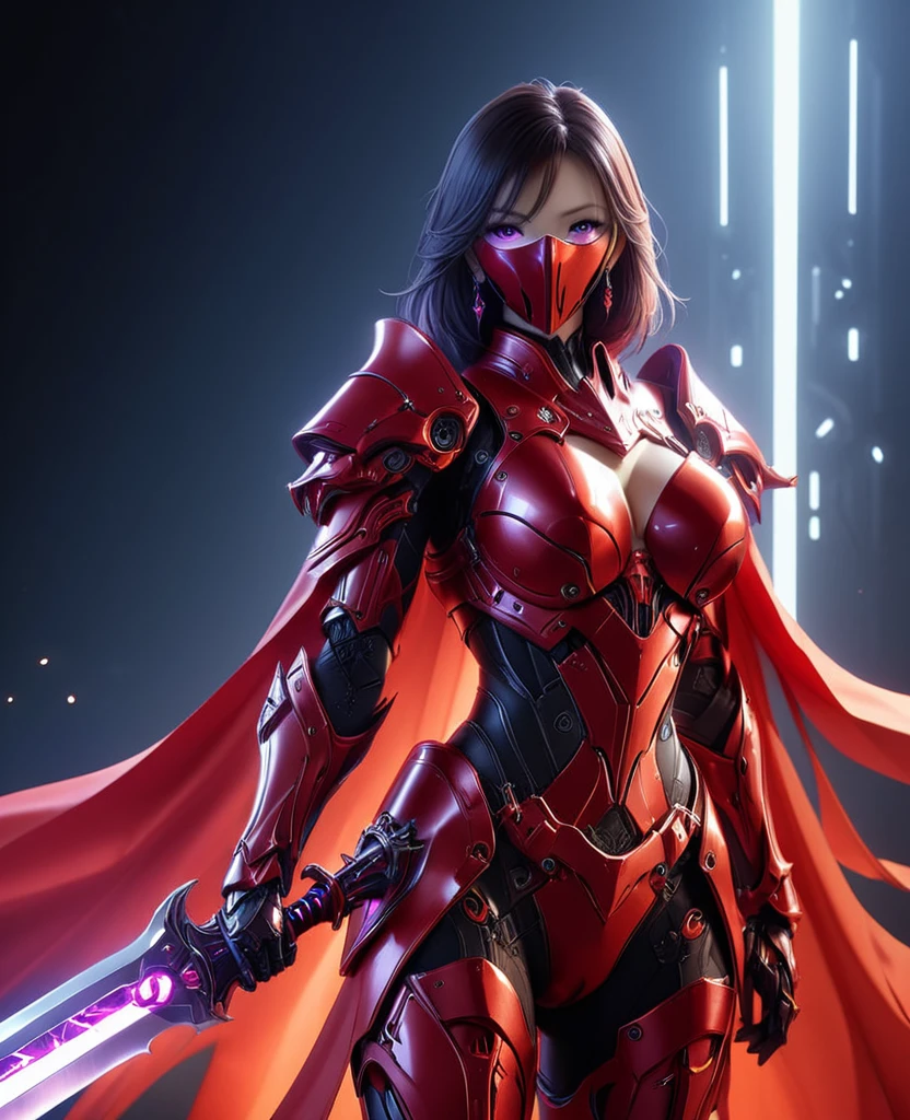 Woman in a futuristic suit, Very detailedな顔, Nice, Mother, Tomboy, Very large breasts, Combat Uniform, Cyber Suit, Anime girl in a tight suit, Milfication, Elegant body, Focus on the navel, gloves, Earrings, foot armor, sf, Female protagonist, Are standing, Volumetric Light, Detailed lighting, Detailed Texture, BoobsCyberpunk, Biomechanical , masterpiece, Top quality eyes, sfの背景, Futuristic landscape、Finding、Ultra-realistic, Ultra-realistic, Very detailed, (Cyber Samurai, ((alone)), attack with red sword, Wearing red armor and a mask, Cape, Shineing beautiful purple eyes, Shine:1.3) (Shineing simple black background:1.25),