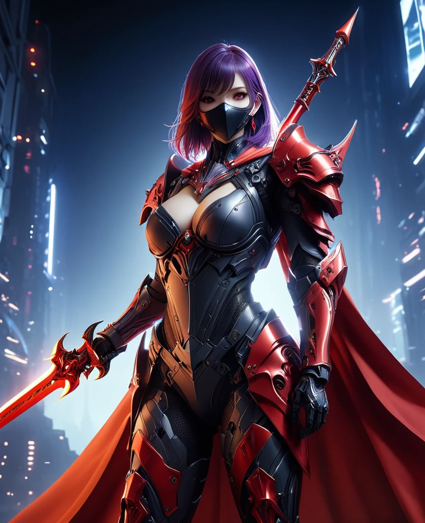 Woman in a futuristic suit, Very detailedな顔, Nice, Mother, Tomboy, Very large breasts, Combat Uniform, Cyber Suit, Anime girl in a tight suit, Milfication, Elegant body, Focus on the navel, gloves, Earrings, foot armor, sf, Female protagonist, Are standing, Volumetric Light, Detailed lighting, Detailed Texture, BoobsCyberpunk, Biomechanical , masterpiece, Top quality eyes, sfの背景, Futuristic landscape、Finding、Ultra-realistic, Ultra-realistic, Very detailed, (Cyber Samurai, ((alone)), attack with red sword, Wearing red armor and a mask, Cape, Shineing beautiful purple eyes, Shine:1.3) (Shineing simple black background:1.25),