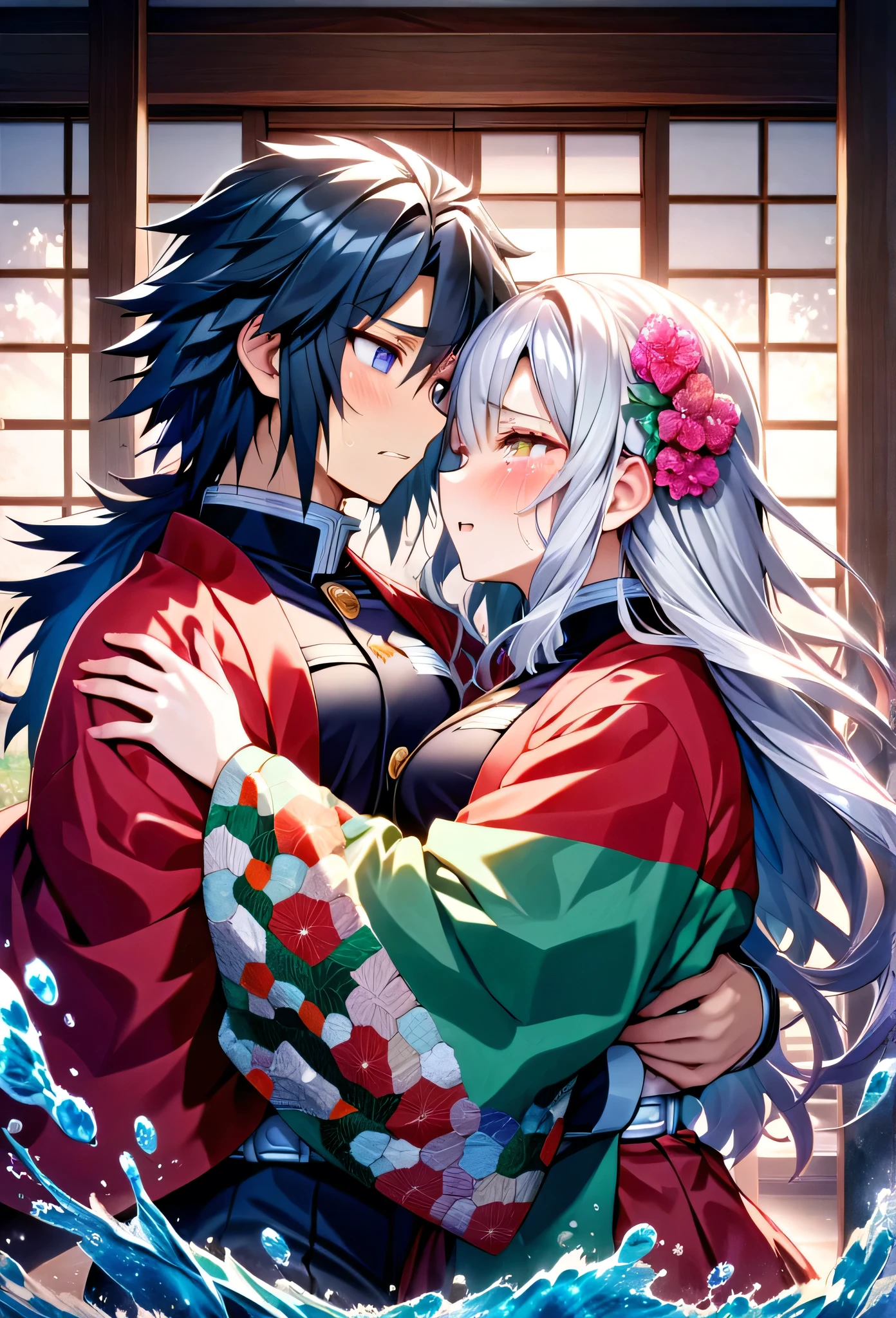 Ultra detailed, highres, absurdres, HDR, master piece, anime girl, pretty woman with white long hair with deep red streaks, girl with yellow eyes, the girl is using a red haori, black demon slayer uniform, Kimetsu No Yaiba, fantasy, the girl is sad and crying, Tomioka Giyu, Water Hashira, Tomioka is worried, handsome Giyu comforting the girl with white hair, romance, inside a japones house, best quality, extremely detailed face, love, passion, romance, anime, they are really in love, hug