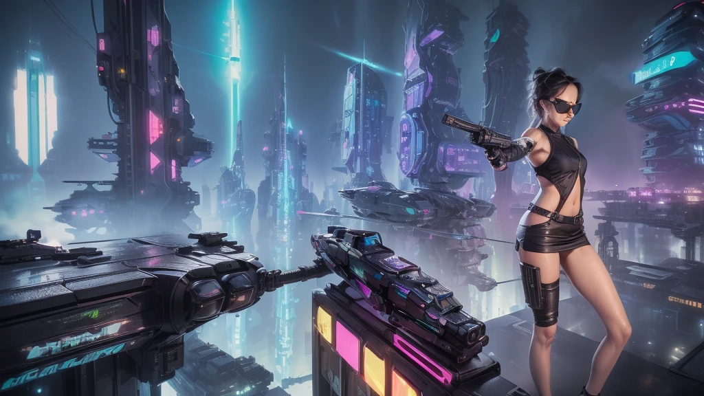 (((aerial view))) of futuristic city, hologram neon buildings, Own futuristic flying cars and futuristic cars, Surreal cyberpunk city, in a Future cyberpunk city, 3d rendering Beeple, at night. photorealistic sexy woman, tank top, miniskirt, (((((black sunglasses, pistol shooting pose))))), standing, leaning forward, (((((half-body thigh level medium shot))))).