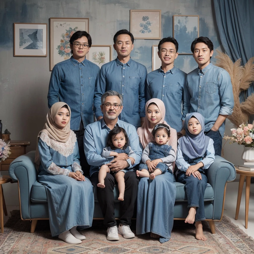 Family photo in Indonesia, four members, a 45-year-old father and mother, a 7-year-old daughter, and a 3-year-old son. They are wearing coordinated blue denim suits and sharia dress, taken in a studio with abstract background, luxurious studio photo with decorative lights and green flower vases, sitting on a sofa, good lighting, realistic, best photography, UHD, 8k