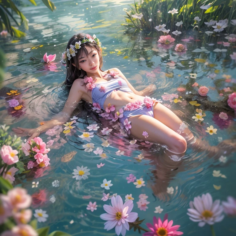 Crimson,ExtremelyDetailed(ProfessionalPhoto of Girl Floating in the Sky:1.37), 280th floor infinity pool，The tallest building in the urban forest, {Around bonsai|Luo Han Song|coconut palms|tulips|Rose flower}, (Masterpiece 8K TopQuality:1.2),  (ExtremelyDetailed KAWAII face Eyes:1.28)ElaboratePupils with (SparklingHighlights:1.28) DoubleEyelids with Voluminous LongEyelashes RosyCheeks (Joyful Expressions LifeLike Rendering)  BREAK   Detailed impeccable Radiant PearlSkin with Transparency, Skinny(SchoolSwimwear:1.28) beautiful graceful {(HiddenHand)|((Corrected BabyLikeHand))} (Whole Body Proportions and all limbs are Anatomically Accurate), (FlowerWreath WrappedBody Flowers Covering girl's body Full of Flowers){Dazzling RainbowColorHorizon|ColorfulSky|ColorfulClouds|Starly Stars}(extra limbs:-1.4)