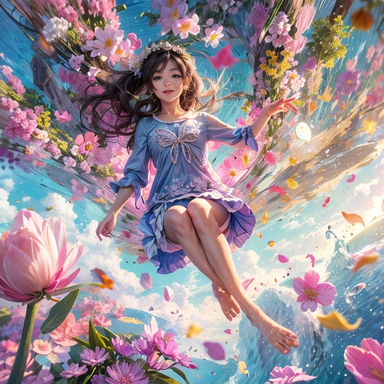 masterpiece, high-quality, a beautiful young woman having fun in a wide grassland, wearing a floral sleeveless top, wearing a flowy knee-length skirt, the background is a sunny meadow, perfect face, perfect hands 