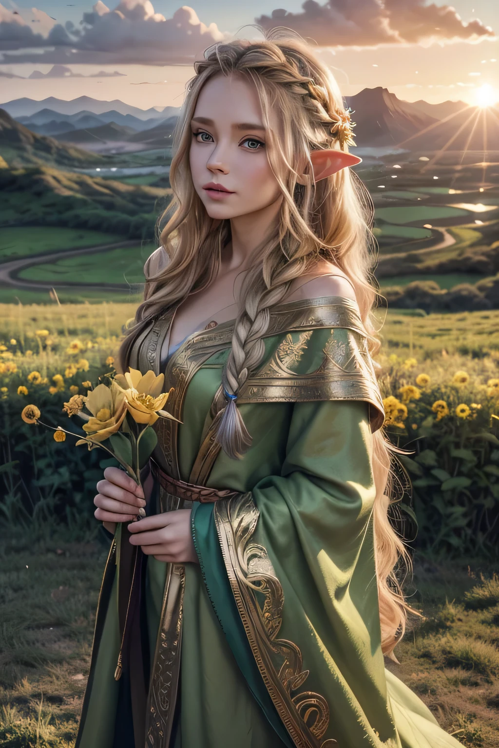 an elf warrior woman, Long wavy blonde hair, holding a flower, greeneyes, gold and silver green cloak, portraite, looking straight ahead, a flower in the hair ,a braid in your hair, beautiful landscape in the background, sunset in the background