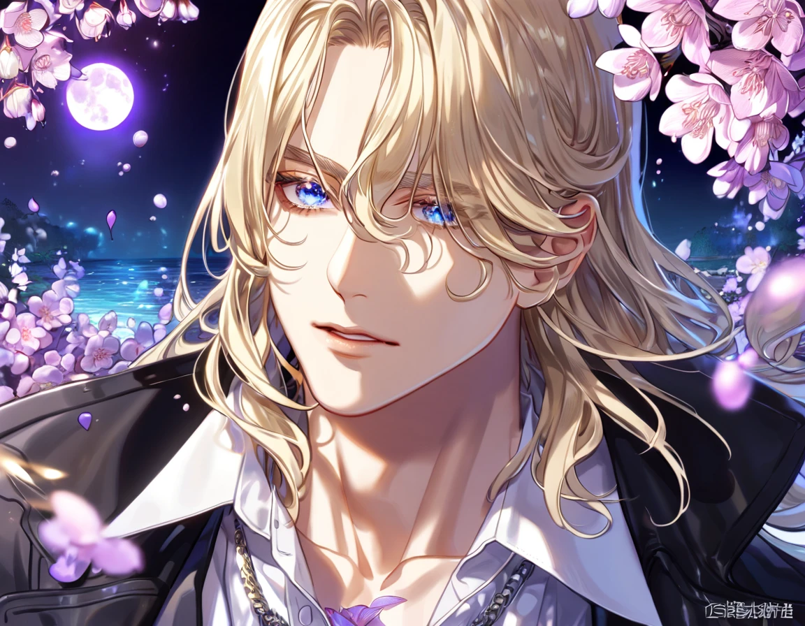 absurdres, highres, ultra detailed, HDR, master piece, best quality, Frankenstein, silky blond hair, medium hair, expressive blue eyes, Noblesse, sexy man, solo, handsome, black coat, white shirt, fantasy, purple flowers, blossoms, magical, purple petals, purple moon, water, fireflies