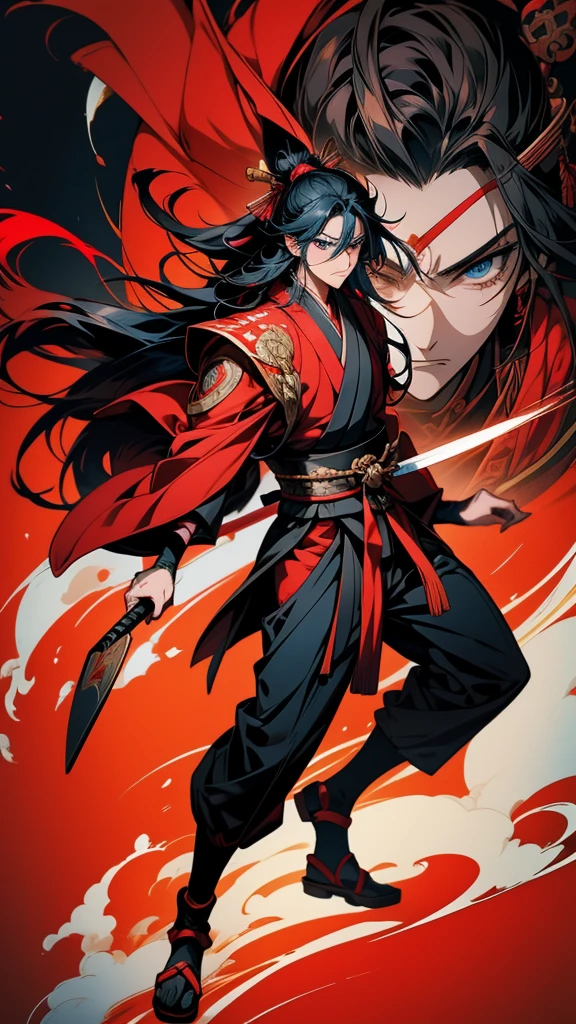 Anime boy with long hair and blue eyes wearing red and black clothes, From the Sengoku period, onmyoji portrait, by Shimo, female Anime characters, By Ren, Anime characters, Wearing old samurai clothes, detailed Anime characters art, by Li Zai, Kantai Collection Style, Full body martial arts, Sengoku period art style