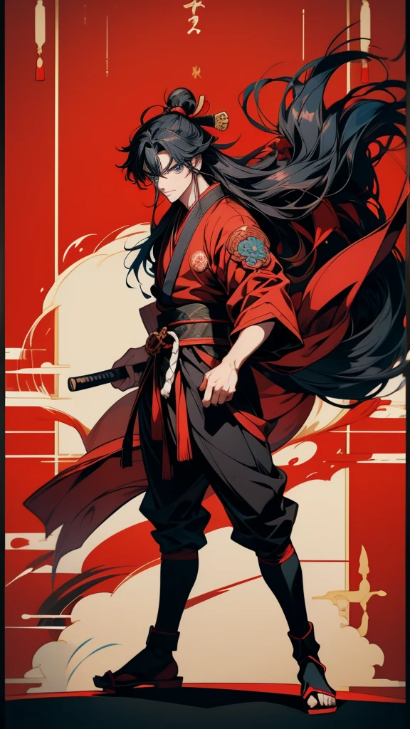 Anime boy with long hair and blue eyes wearing red and black clothes, From the Sengoku period, onmyoji portrait, by Shimo, female Anime characters, By Ren, Anime characters, Wearing old samurai clothes, detailed Anime characters art, by Li Zai, Kantai Collection Style, Full body martial arts, Sengoku period art style