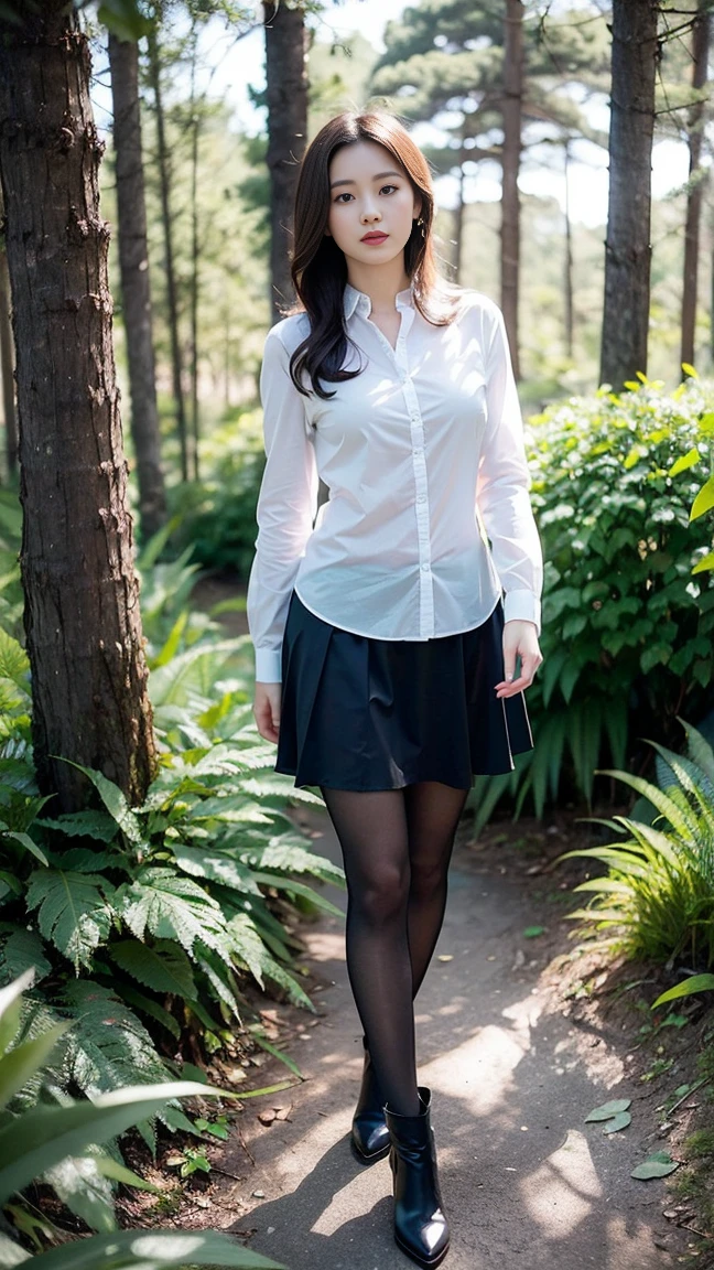 (A girl in the forest), Solitary, long_hair, shirt, skirt, High target_High heel, full_Body, look_exist_查look者, (8K, RAW photos, best quality, proficient:1.2), (Practical, photo-Practical:1.37), Professional lighting, Photon Mapping, light energy transfer, Physically Based Rendering,