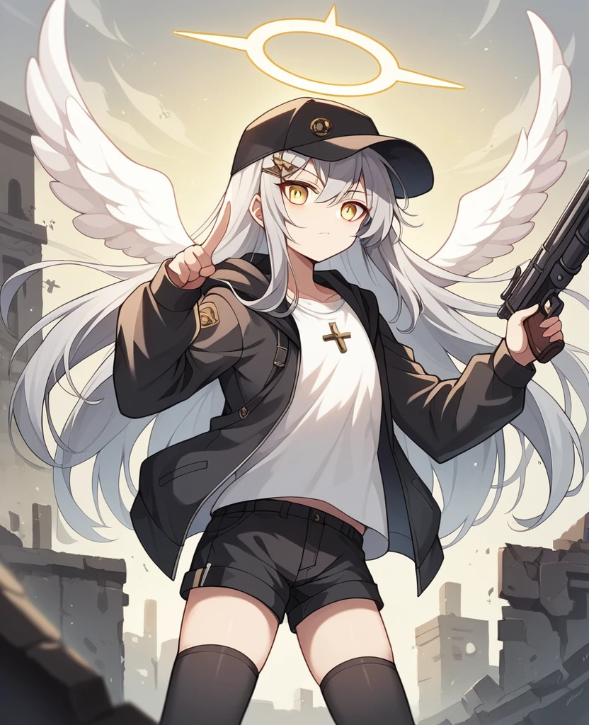 , masterpiece, Highest quality, Very detailed, CG, 8k wallpaper, Pretty face, Delicate eyes, country々, alone, 白いLong Hair, Yellow Eyes, hairpin, hairpin, White shirt, black hooded jacket, Black shorts,Black baseball cap,Black Stockings, City in Ruins,NSFW,(masterpiece, Highest quality:1.3), (Super detailed:1.3), One girl, alone, (Gray Hair, Messy Hair, Long Hair), (Angel Wings, Angel Halo), Flat Chest, Yellow Eyes,Dynamic Angle,Character portrait,Possession of a gun,(shotgun:m1901),Pointing a Gun