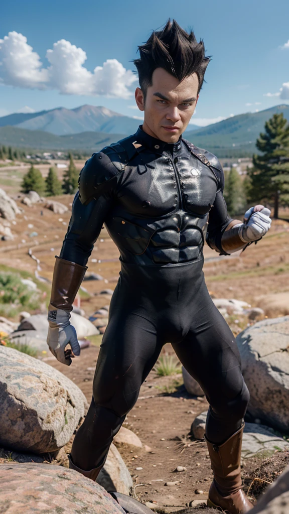 ((masutepiece:1.4, Best Quality)), ((masutepiece, Best Quality,8K)), (photographrealistic:1.4), (Cowboy Shot, Solo, Male Focus, 1boy, Vegeta, Serious, Looking at Viewer, Black spiked hair, Black eyes, armor, Enamel Bodysuit, White Gloves), (rocky ground, Rocky mountain, skyporn), Professional Lighting, Physically-based rendering