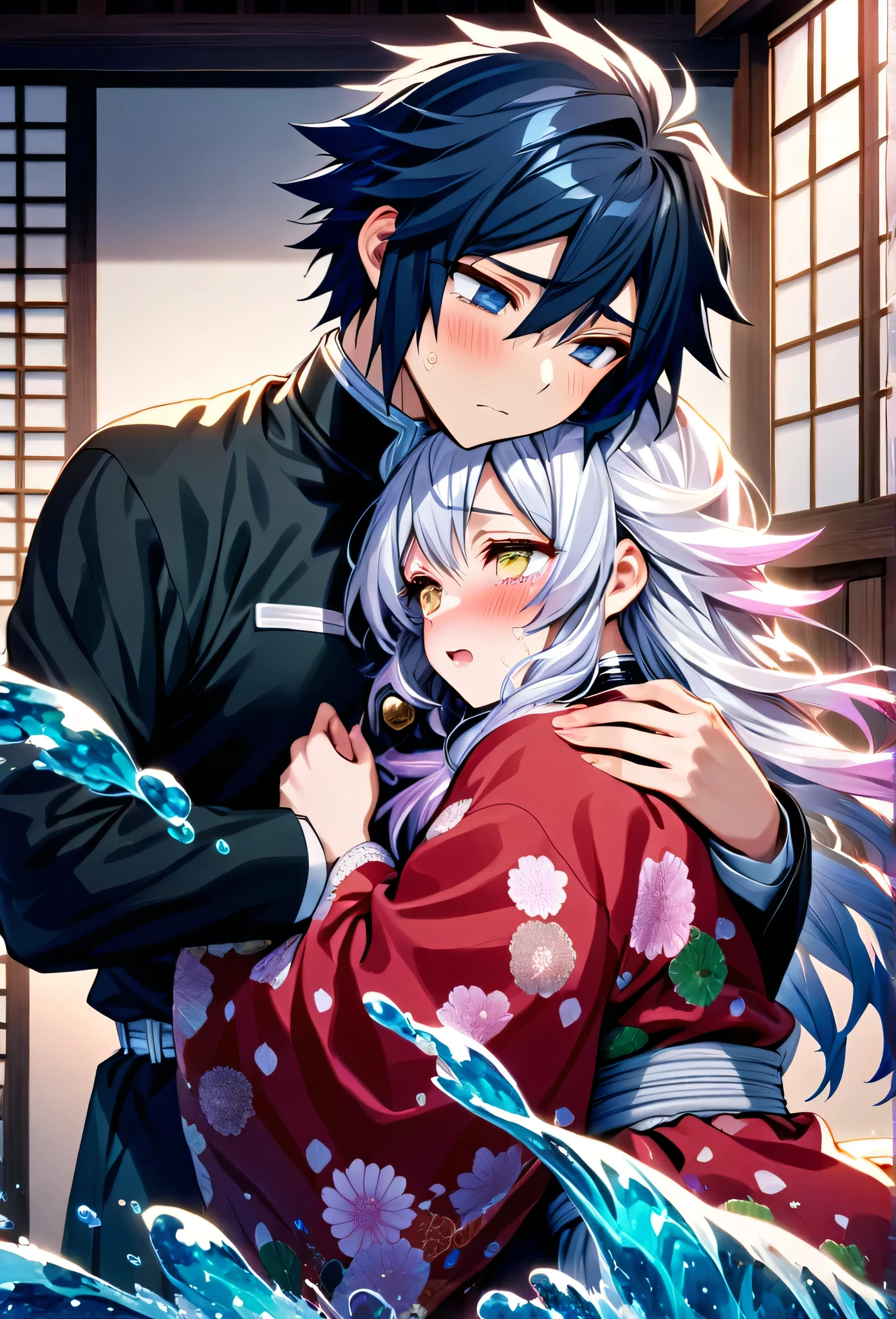 Ultra detailed, highres, absurdres, HDR, master piece, anime girl and boy, pretty woman with white long hair with deep red streaks, girl with yellow eyes, the girl is using a red haori, black demon slayer uniform, Kimetsu No Yaiba, fantasy, the pretty girl is sad and crying, Tomioka Giyu, Water Hashira, Tomioka is worried and comforting the girl, romance, inside a japones house, best quality, extremely detailed face, love, passion, romance, anime, they are really in love, hug