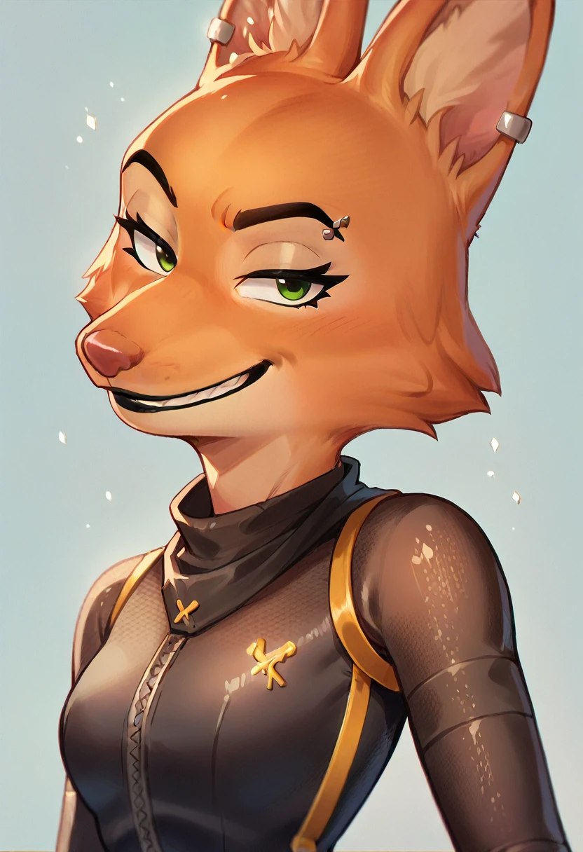 Diane foxington, ginger fur, emerald eyes, black lipstick, black eyebrows, silver piercings on eyebrow, fox tail, bodysuit with yellow trim and black wraps, smirk, fortnite style