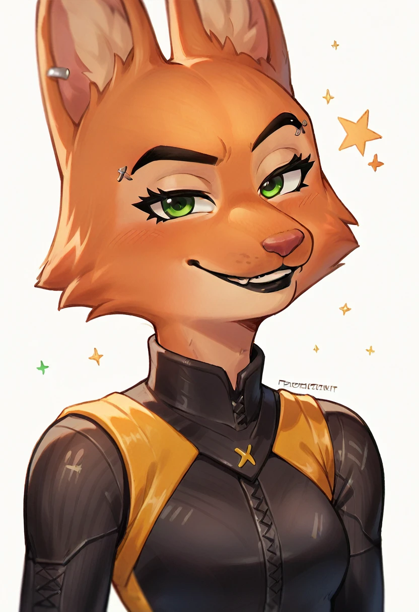 Diane foxington, ginger fur, emerald eyes, black lipstick, black eyebrows, silver piercings on eyebrow, fox tail, bodysuit with yellow trim and black wraps, smirk, fortnite style