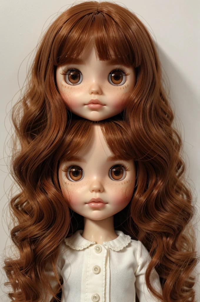 Blythe doll redhead with medium wavy hair, with fringe, big light brown eyes white skin with freckles, small nose and big cheeks