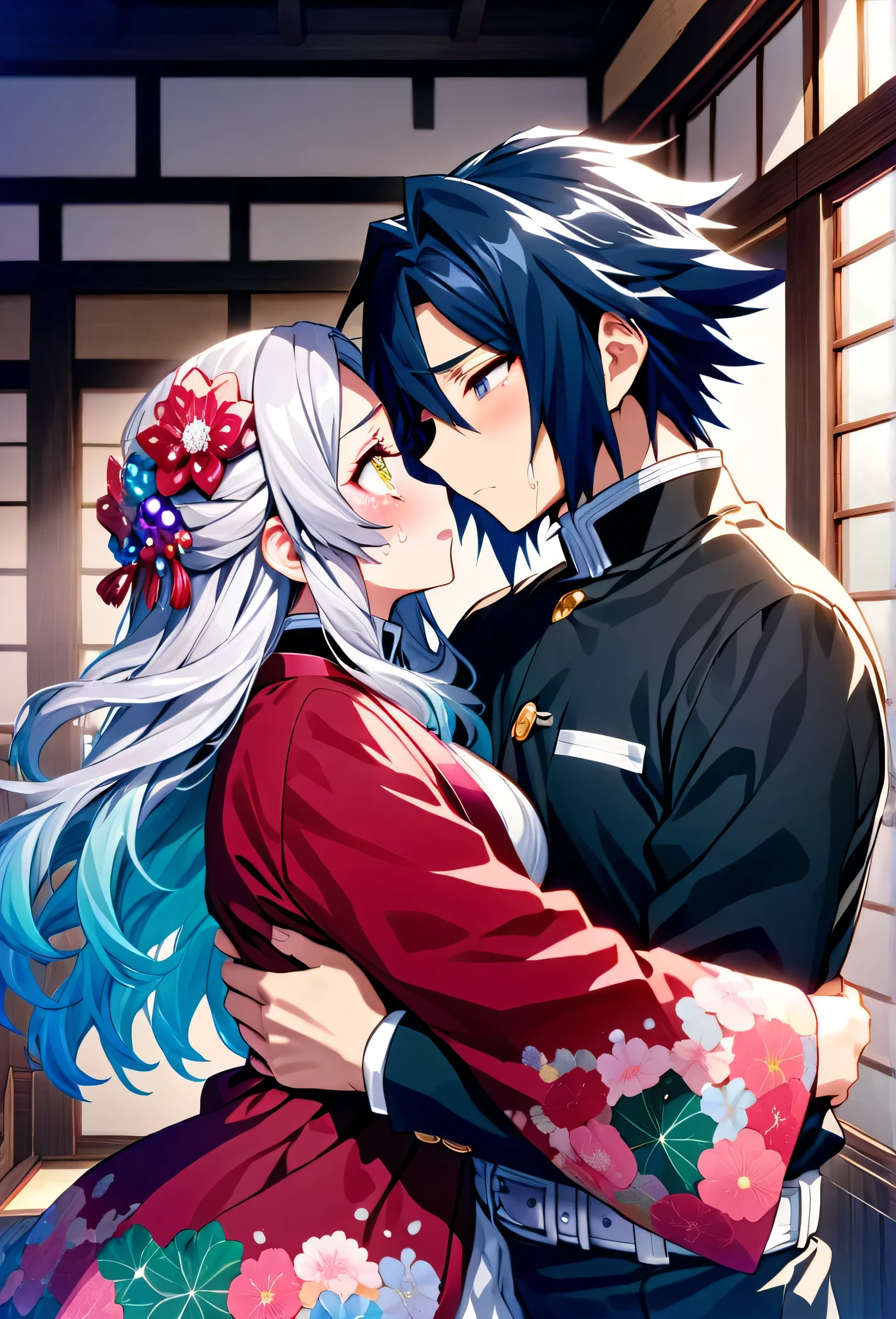 Ultra detailed, highres, absurdres, HDR, master piece, anime girl and boy, pretty woman with white long hair with deep red streaks, girl with yellow eyes, the girl is using a red haori, black demon slayer uniform, Kimetsu No Yaiba, fantasy, the pretty girl is sad and crying, Tomioka Giyu, Water Hashira, Tomioka is worried and comforting the girl, romance, inside a japones house, best quality, extremely detailed face, love, passion, romance, anime, they are really in love, hug