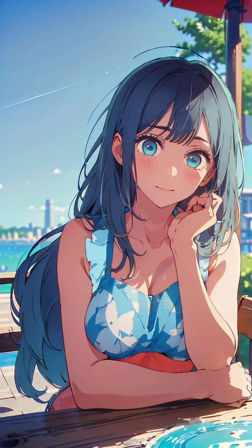 (Highest quality:1.4、masterpiece:1.4、Super detailed:1.4、8K:1.4)、F cup bust、Big Breasts、Slim body、((((1 person、Surprised expression、sit、Chair、In the background are the urban buildings of Tokyo、looking at the camera、Outdoor café terrace、coastal、Navy hair color、juice、Shooting up close、table、Very cute face))))、(Pose of putting hair behind ears with hands:1.4、Cheek resting on hand:1.4）、((nude、Areola、bikini))、Very blue sky、A completely cloudless sky、Big eyes、(((((Shallow depth of field)))))