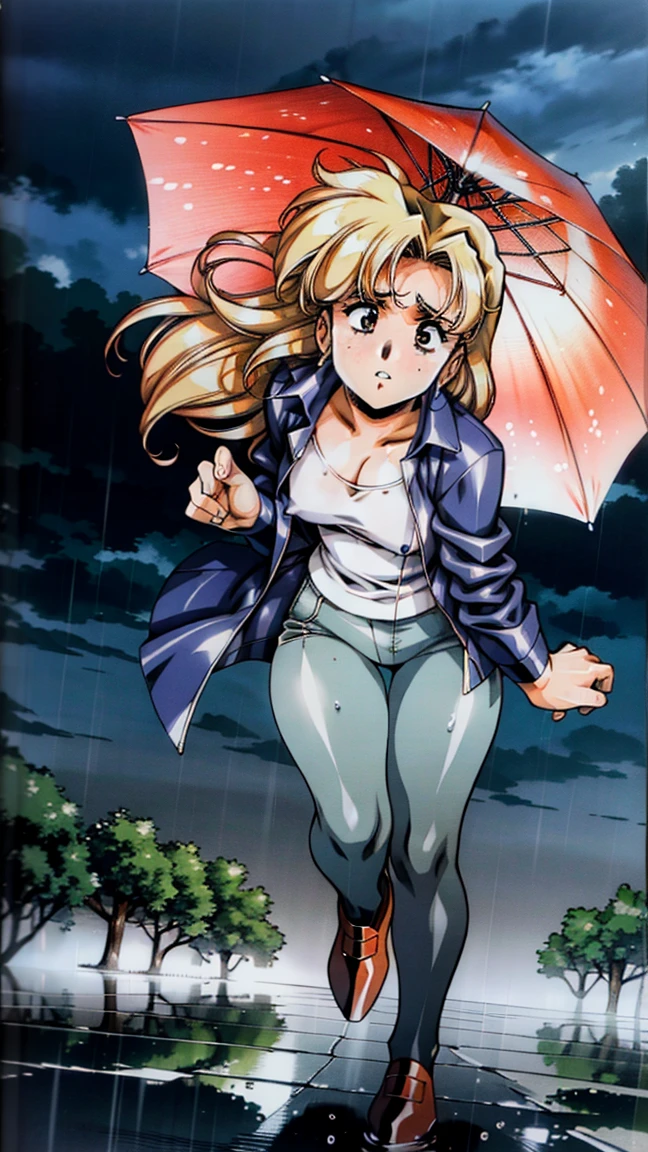 A realistic illustration of a woman hurrying home in the middle of a typhoon. The scene shows the woman wearing a raincoat and holding an umbrella, struggling against strong winds and heavy rain. The background includes stormy skies, swaying trees, and waterlogged streets, capturing the intensity of the typhoon.