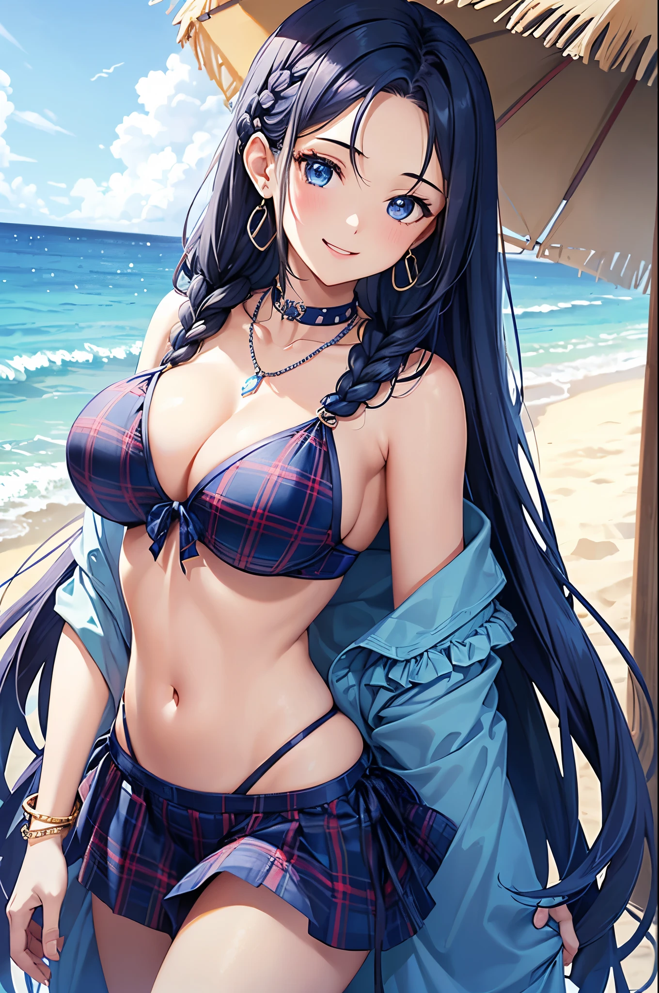 Highest quality、Highest quality、masterpiece、(8K),beauty(Age 25)、Navy blue long hair(Braiding of the sides)、blue eyes、Sexy Bikini(Plaid)、Big cleavage、(Big Breasts)、smile、blue necklace、Blue Earrings、background(Beach)、Please open your mouth wide、bracelet、Arch Pose、Blue choker