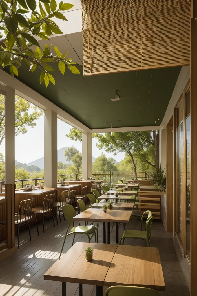 create a matte green and beige restaurant, with chairs and tables with gold details, with bookshelves and study tables, with an outdoor area with lots of nature.