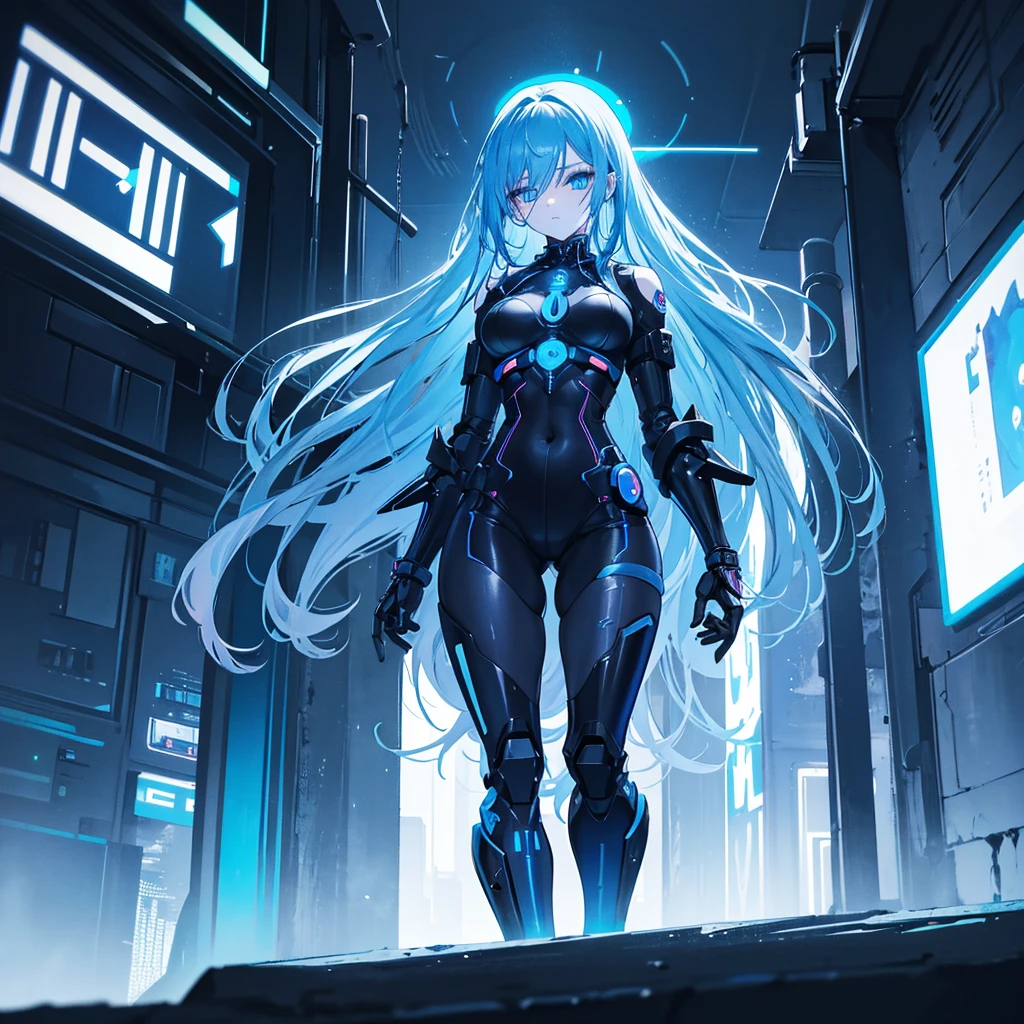 View from below, angle from below Girl Android mechanical prosthetics demonic gloomy with long blue hair woman with sexy hips half cyborg modification Beautiful sad girl blue eyes stands in full growth Anime Style black background Cyberpunk style, black background image of night black city and blue neon lights fluorescent lamps
