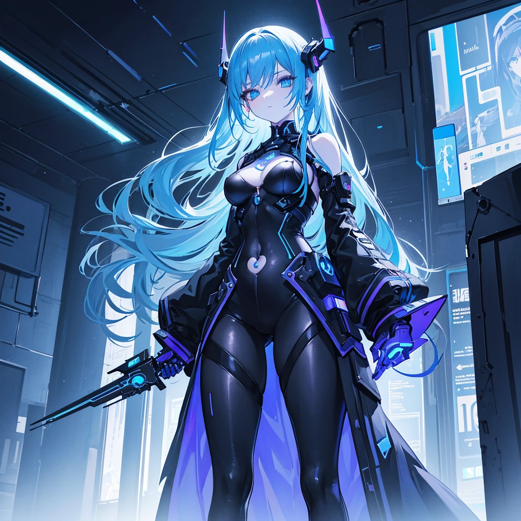 View from below, angle from below Girl Android mechanical prosthetics demonic gloomy with long blue hair woman with sexy hips half cyborg modification Beautiful sad girl blue eyes stands in full growth Anime Style black background Cyberpunk style, black background image of night black city and blue neon lights fluorescent lamps