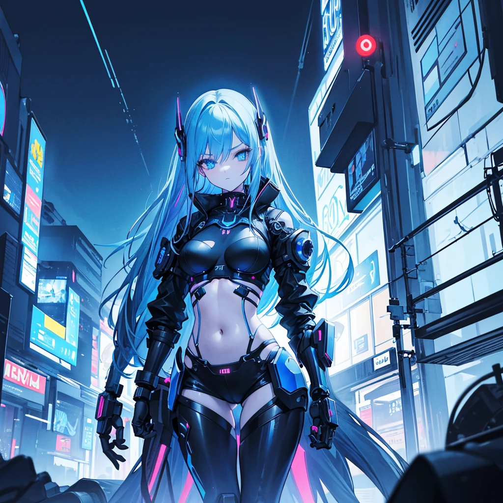 View from below, angle from below Girl Android mechanical prosthetics demonic gloomy with long blue hair woman with sexy hips half cyborg modification Beautiful sad girl blue eyes stands in full growth Anime Style black background Cyberpunk style, black background image of night black city and blue neon lights fluorescent lamps