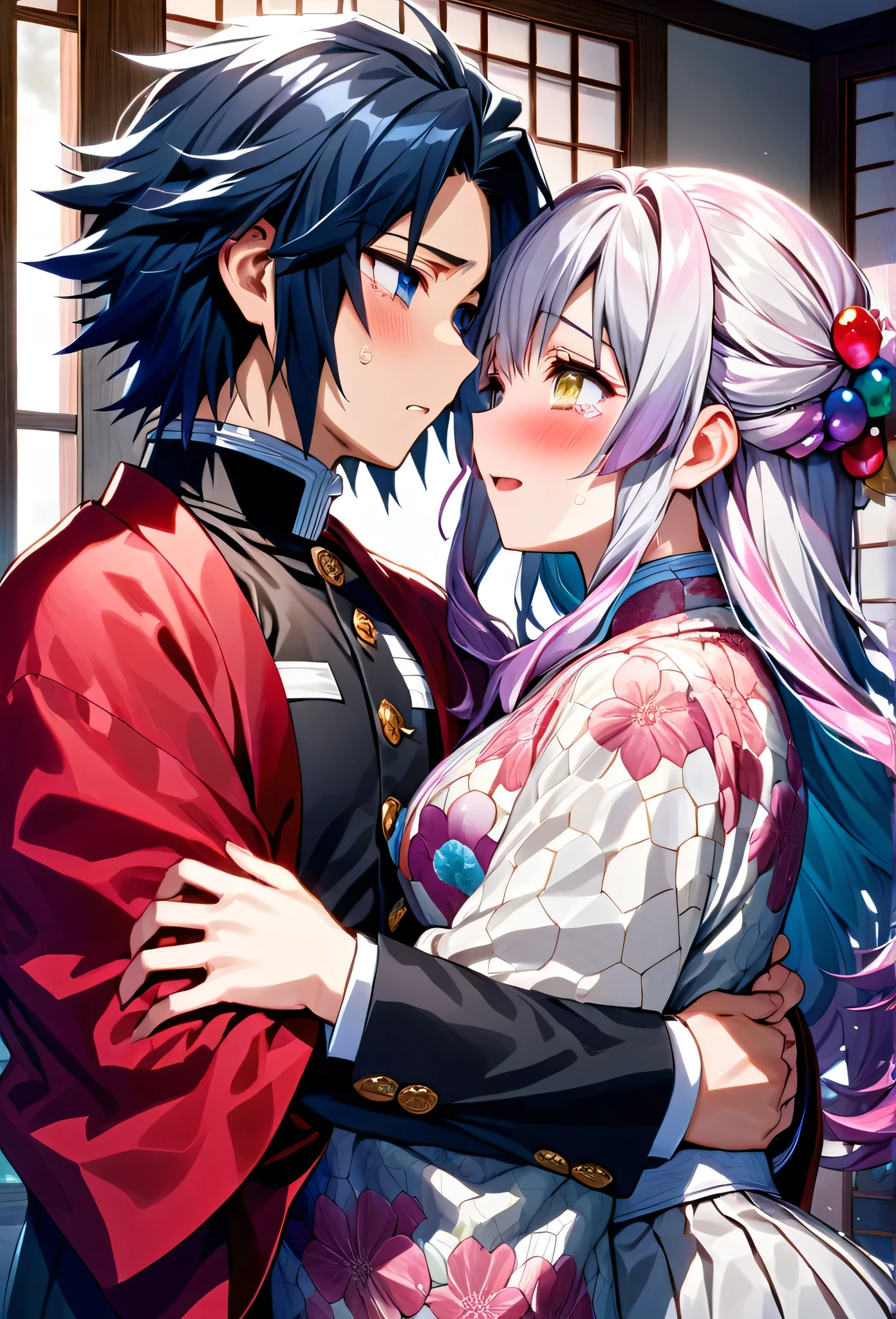 Ultra detailed, highres, absurdres, HDR, master piece, anime girl and boy, pretty woman with white long hair with deep red streaks, girl with yellow eyes, the girl is using a red haori, black demon slayer uniform, Kimetsu No Yaiba, fantasy, the pretty girl is sad and crying, Tomioka Giyu, Water Hashira, Tomioka is worried and comforting the girl, romance, inside a japones house, best quality, extremely detailed face, love, passion, romance, anime, they are really in love, hug