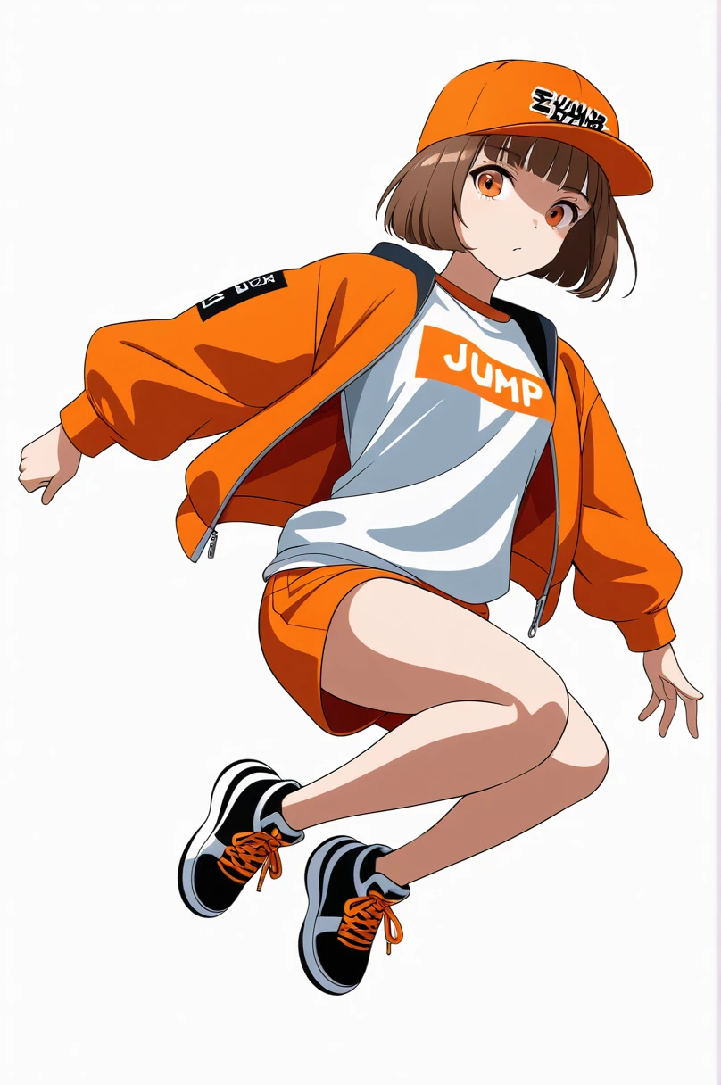 ((((White background)))), ((((Full body)))), brown Hair, short Hair, Bobcut, Anime Style, beautiful girl, Orange eyes, Hip Hop Clothes, Baseball Cap, Orange clothes, Dynamic Angle, 4K, 8K, Cool look, Jump,
