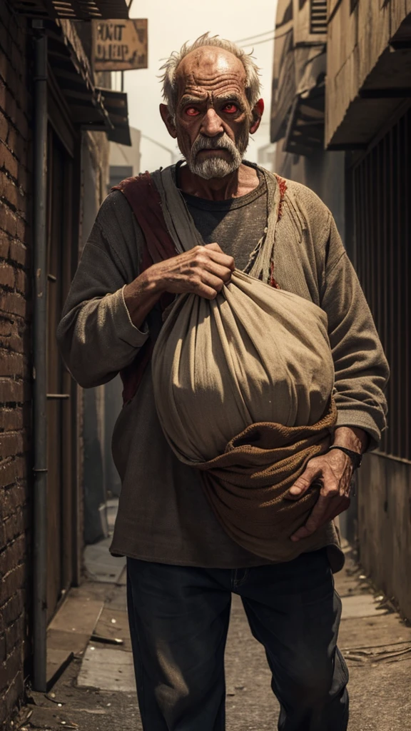 An ugly old man with red eyes in torn clothes carrying a burlap sack on his back and a  looking scared at the old man in a dark alley 