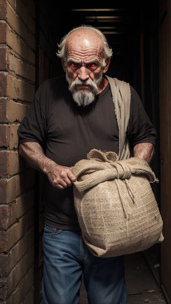 An ugly old man with red eyes in torn clothes carrying a burlap sack on his back and a looking scared at the old man in a dark alley