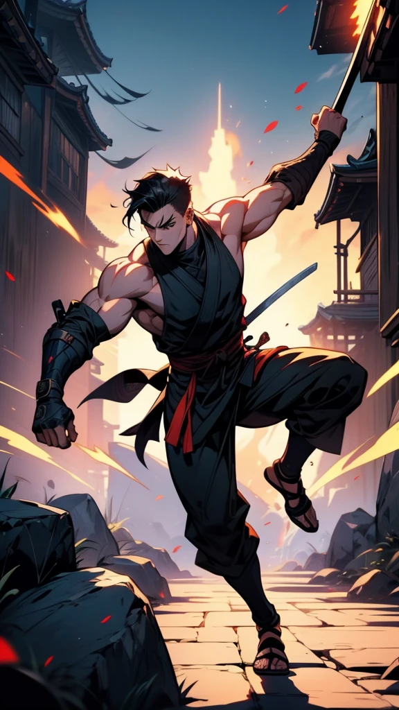 Close-up of a person leaping into the air with a sword, 神秘的なNinja, Ninja戦士, Jumping Leaping Heroic Attack, mkNinja, fighting game character, Works inspired by Kano Hogai, Promotional Art, Heroic action pose, Ronin, in the style of sifu 🔥 😎 🕹️ 👀 :2, No text, Strong Shadows Ninja
