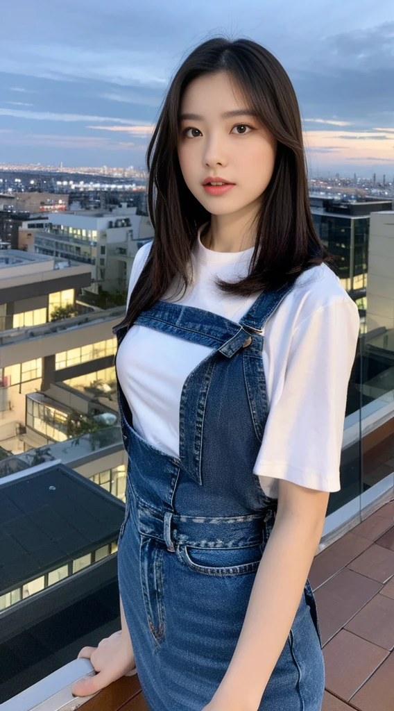 ((Midnight, Best quality, 8k, Masterpiece :1.3)), Whole body, Long legs, Sharp focus :1.2, A pretty woman with perfect figure :1.4, Slender abs :1.1, ((Dark brown hair, Big breasts :1.2)), (White tight tshirt, Jean bib, Standing:1.2), ((Night city view, Rooftop:1.3)), Highly detailed face and skin texture, Detailed eyes, Double eyelid