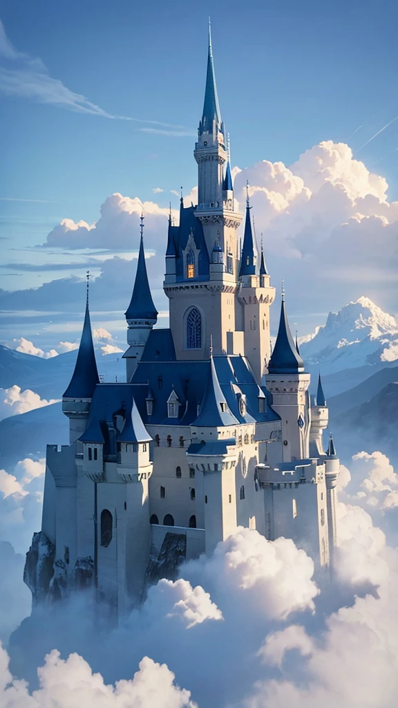 Castle in the clouds floating above the sky, surrealism painting style, unreal fantasy cold colors palette, majestic architecture, dreamy atmosphere, vibrant atmosphere