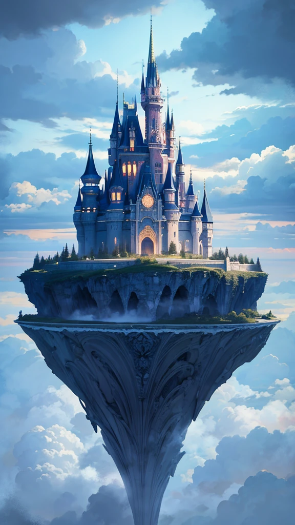 Castle in the clouds floating above the sky, surrealism painting style, unreal fantasy cold colors palette, majestic architecture, dreamy atmosphere, vibrant atmosphere