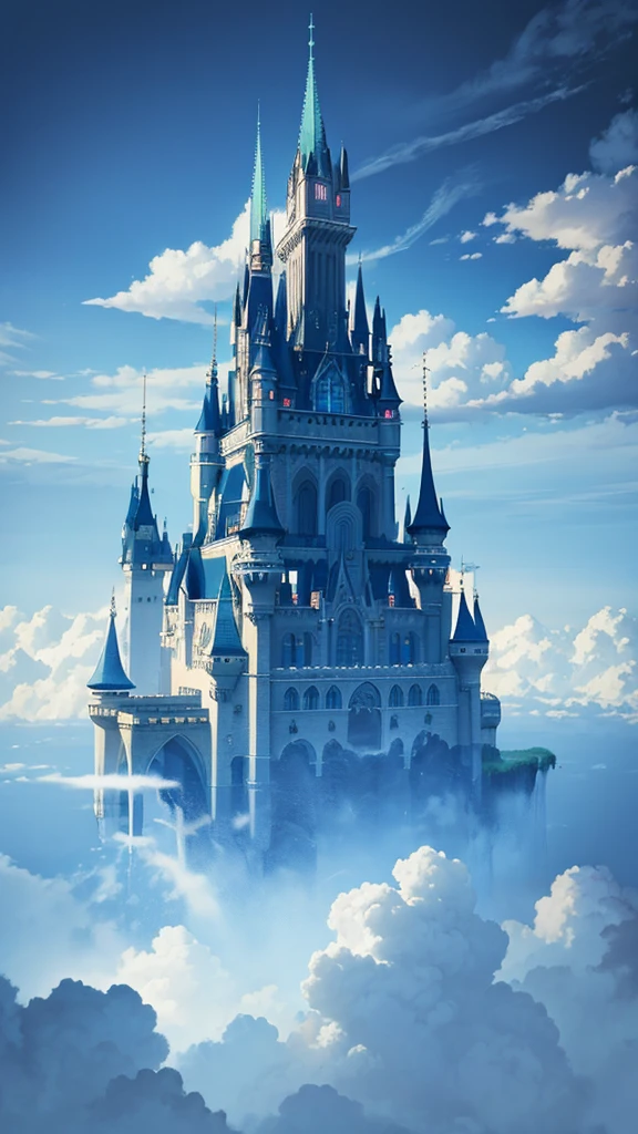 Castle in the clouds floating above the sky, surrealism painting style, unreal fantasy cold colors palette, majestic architecture, dreamy atmosphere, vibrant atmosphere