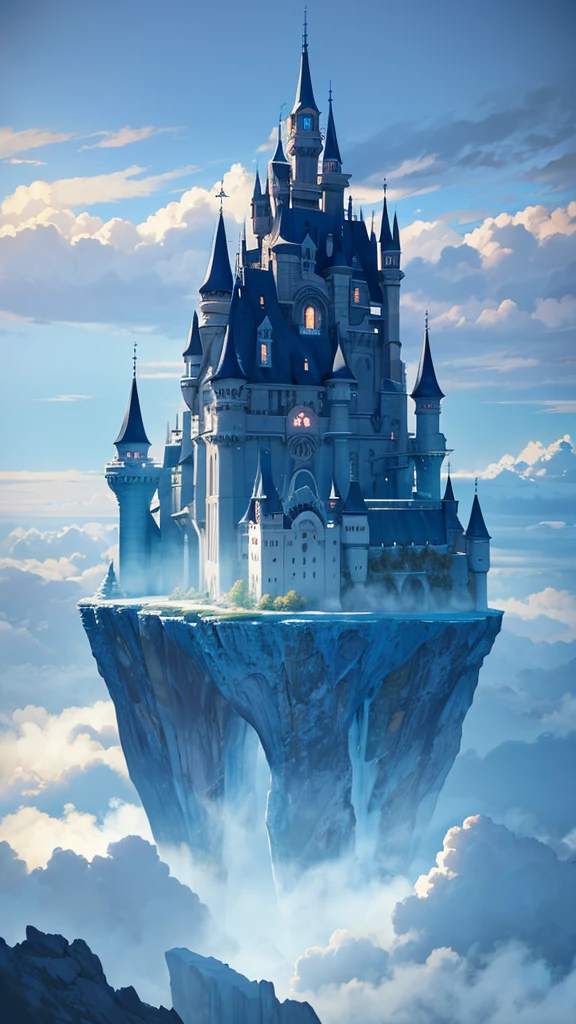 Castle in the clouds floating above the sky, surrealism painting style, unreal fantasy cold colors palette, majestic architecture, dreamy atmosphere, vibrant atmosphere