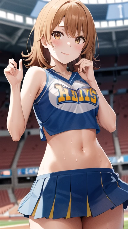 masterpiece, best quality, highres, aairoha, medium hair, cheerleader, pom pom \(clothes\), midriff, miniskirt, stadium, standing, sweat, smile