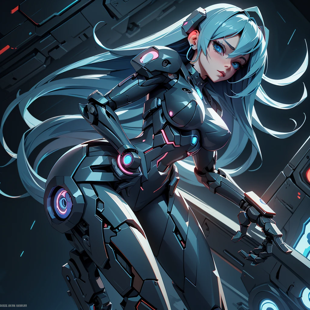 View from below, angle from below Girl Android mechanical prosthetics demonic gloomy with long blue hair woman with sexy hips half cyborg modification Beautiful sad girl blue eyes stands in full growth Anime Style black background Cyberpunk style, black background image of night black city and blue neon lights fluorescent lamps
