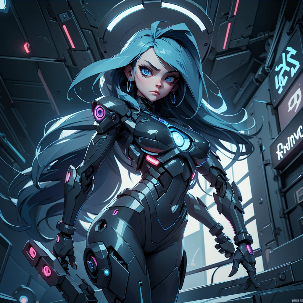 View from below, angle from below Girl Android mechanical prosthetics demonic gloomy with long blue hair woman with sexy hips half cyborg modification Beautiful sad girl blue eyes stands in full growth Anime Style black background Cyberpunk style, black background image of night black city and blue neon lights fluorescent lamps