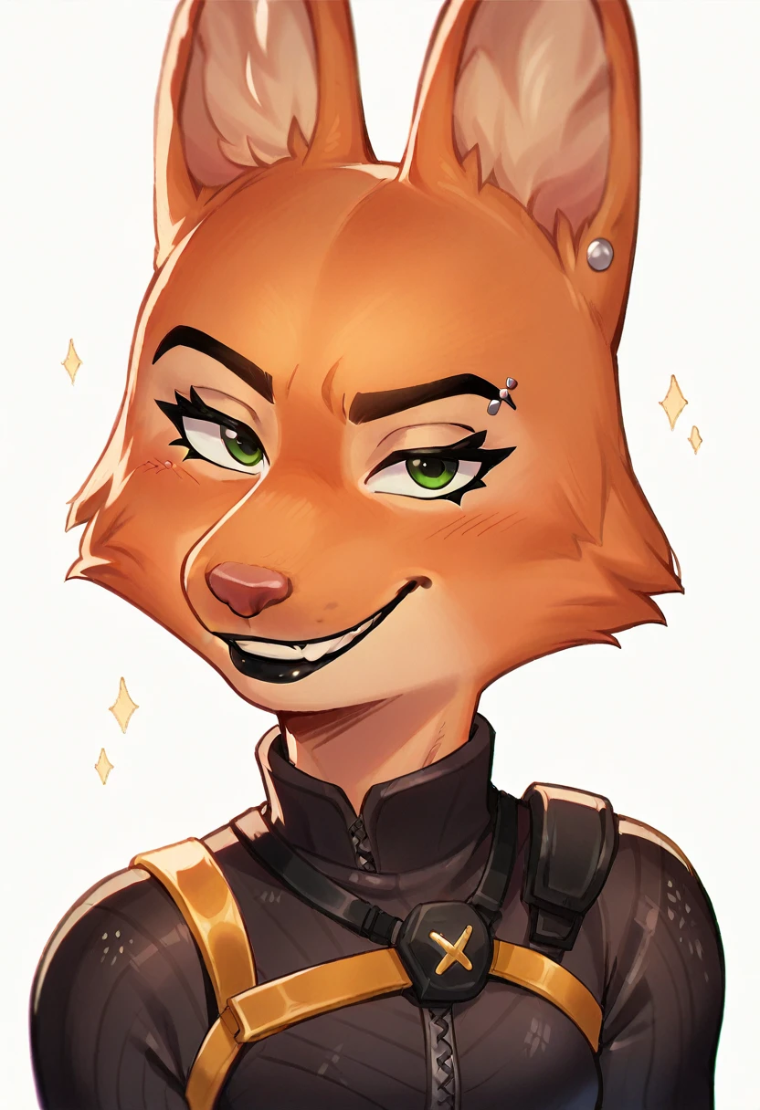 Diane foxington, ginger fur, emerald eyes, black lipstick, black eyebrows, silver piercings on eyebrow, fox tail, bodysuit with yellow trim and black wraps, smirk, fortnite style