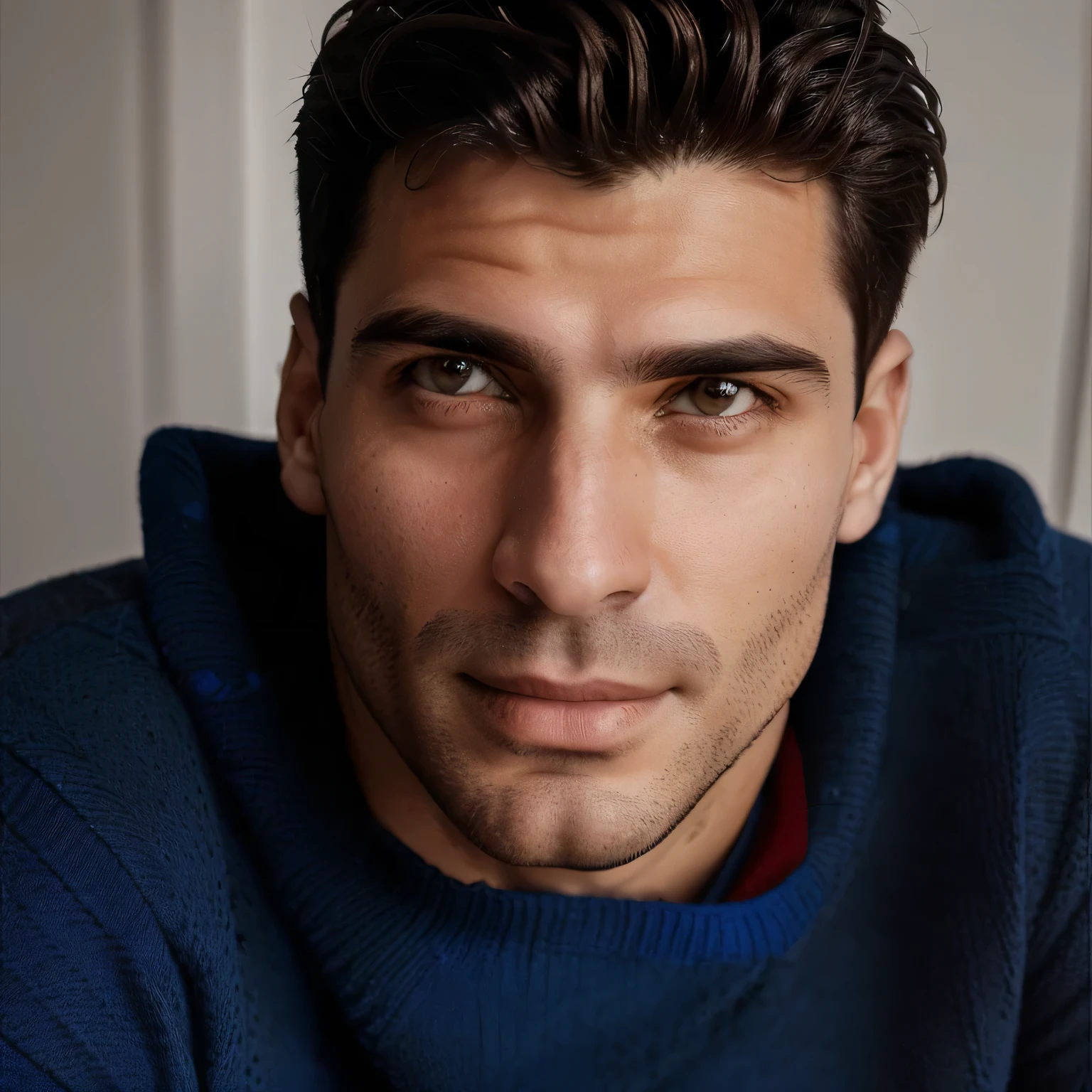 attractive man in a blue sweater, front image, george doutsiopoulos, george patsouras, gui guimaraes, taken in the early 2020s, very, very low quality image, profile headshot, (38 years old), inspired by Antonio Parreiras