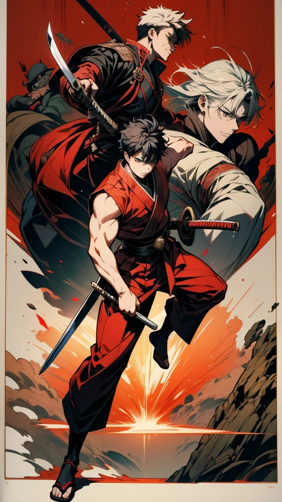 With a sword and a red belt、Anime character holding a sword, Hajime Yatate, okata kazuto, shirow Authentic, shikanosuke yagaki, Inspired by Hiro Yamagata, Samurai Man Wanderer, inspired by Kanō Sanraku, akiyuki shinbou, Authentic, Full body martial arts