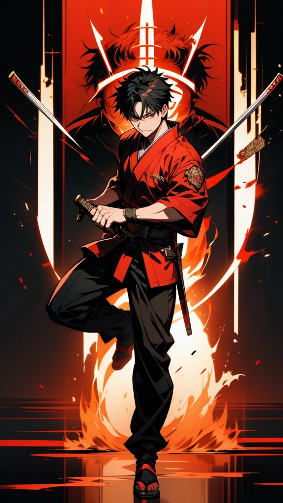 With a sword and a red belt、Anime character holding a sword, Hajime Yatate, okata kazuto, shirow Authentic, shikanosuke yagaki, Inspired by Hiro Yamagata, Samurai Man Wanderer, inspired by Kanō Sanraku, akiyuki shinbou, Authentic, Full body martial arts