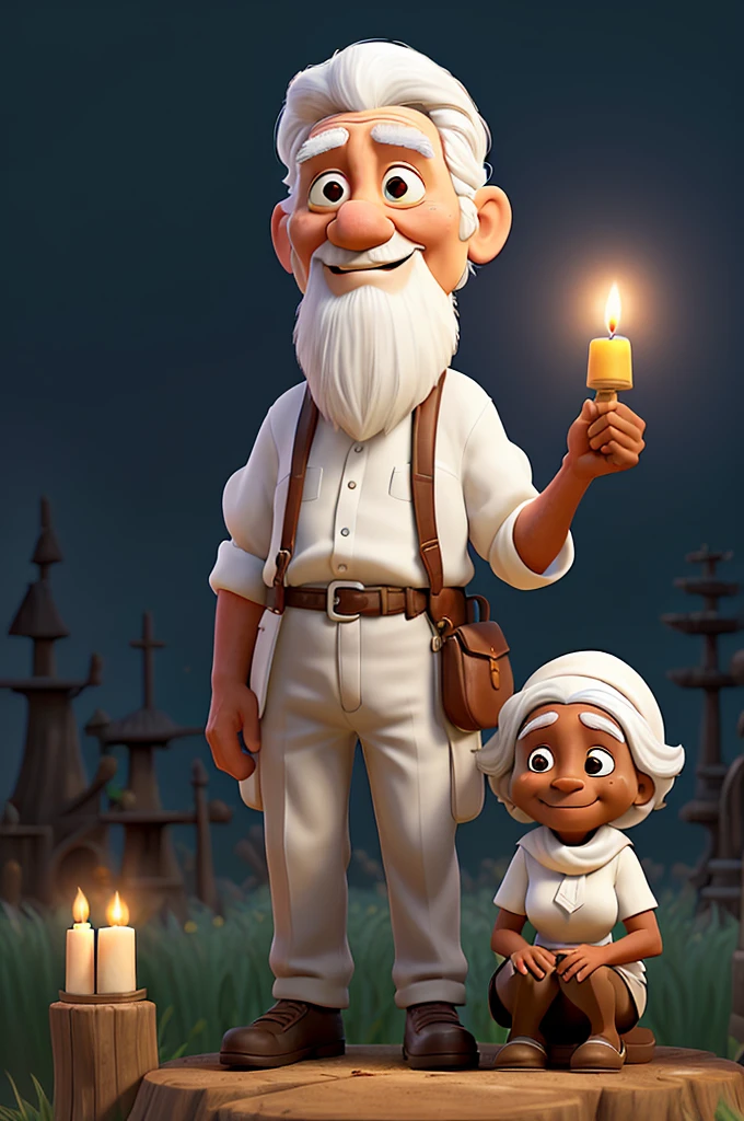 Certainly! Here is the updated description without glasses and shoes:
An elderly black man with white hair and a white beard, dressed in a white shirt and white pants, sits on a tree stump. He wears a straw hat and holds a lit pipe in his hand, with smoke wafting gently from it. His bare feet rest on the ground as he looks up, smiling. Beside him stands an elderly black woman with white hair, tied back with a headscarf. She wears a simple white dress and smiles warmly. The scene is illuminated by the moonlight, casting a serene glow over the surroundings. A lit candle in front of them adds a warm, flickering light. The rustic, bamboo setting, combined with the tree stump, evokes a nostalgic and tranquil atmosphere, reminiscent of simpler times.