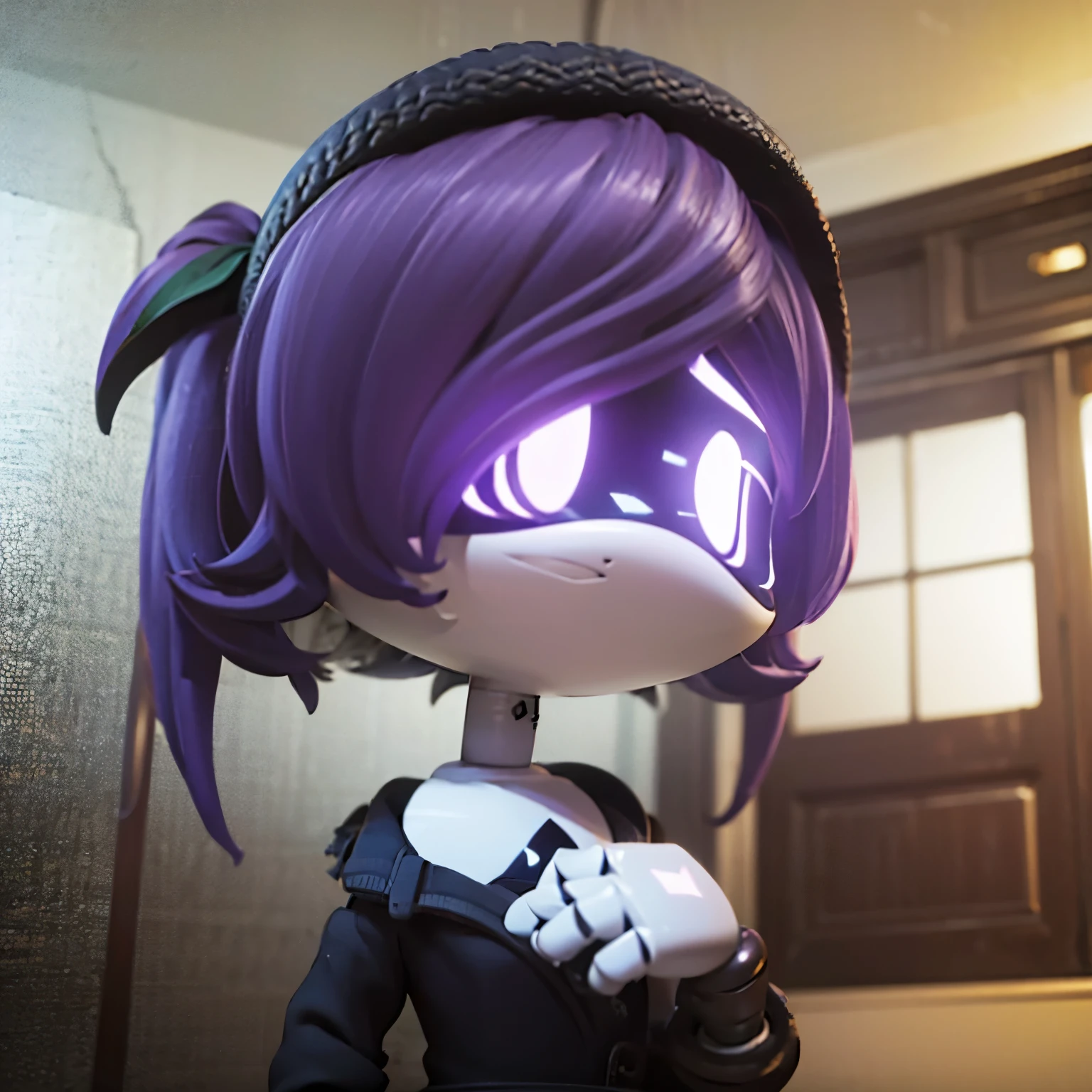 to use, Kizi, worker drone, shorth hair, cabelo roxo, lilac eyes, derelict house, dark interior, upset expression, retrato se corpo inteiro
