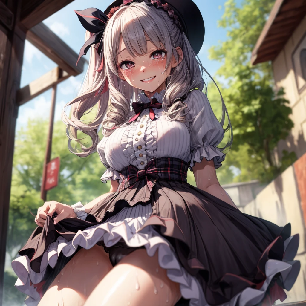 ((Highest quality)), ((masterpiece)), (detailed),1girl, 独奏, blush, smile, naughty face, rittle crying, clothed, gothic ta, skirt lift, spread legs, upskirt, NSFW, sweat, rittle wet, blurry background